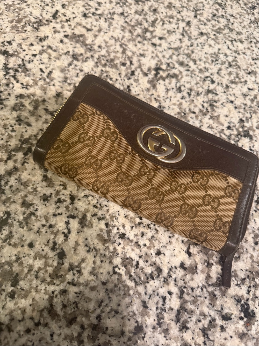 Gucci Brown GG Canvas and Dark Brown Leather Zip Wallet